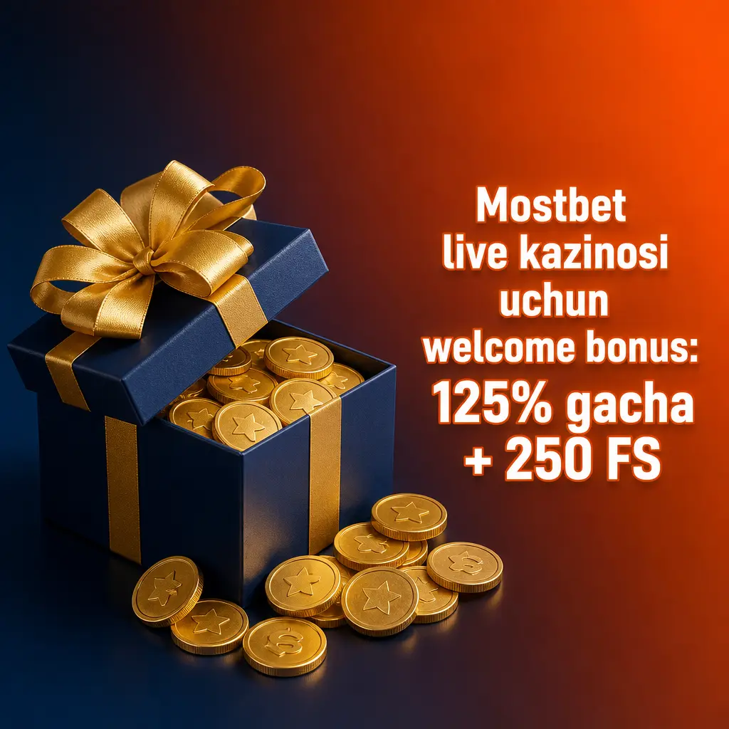 Mostbet live kazinosida yangi o'yinchilar uchun 125% gacha bonus va 250 FS taklif etuvchi welcome bonus banneri